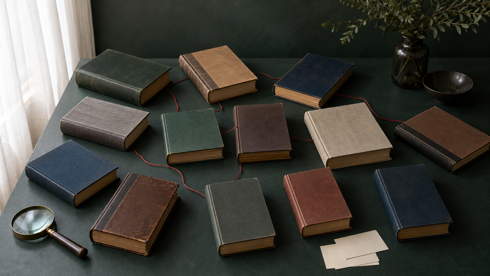 Двенадцать безымянных книг на тёмно-зелёном столе, соединённых тонкой красной нитью